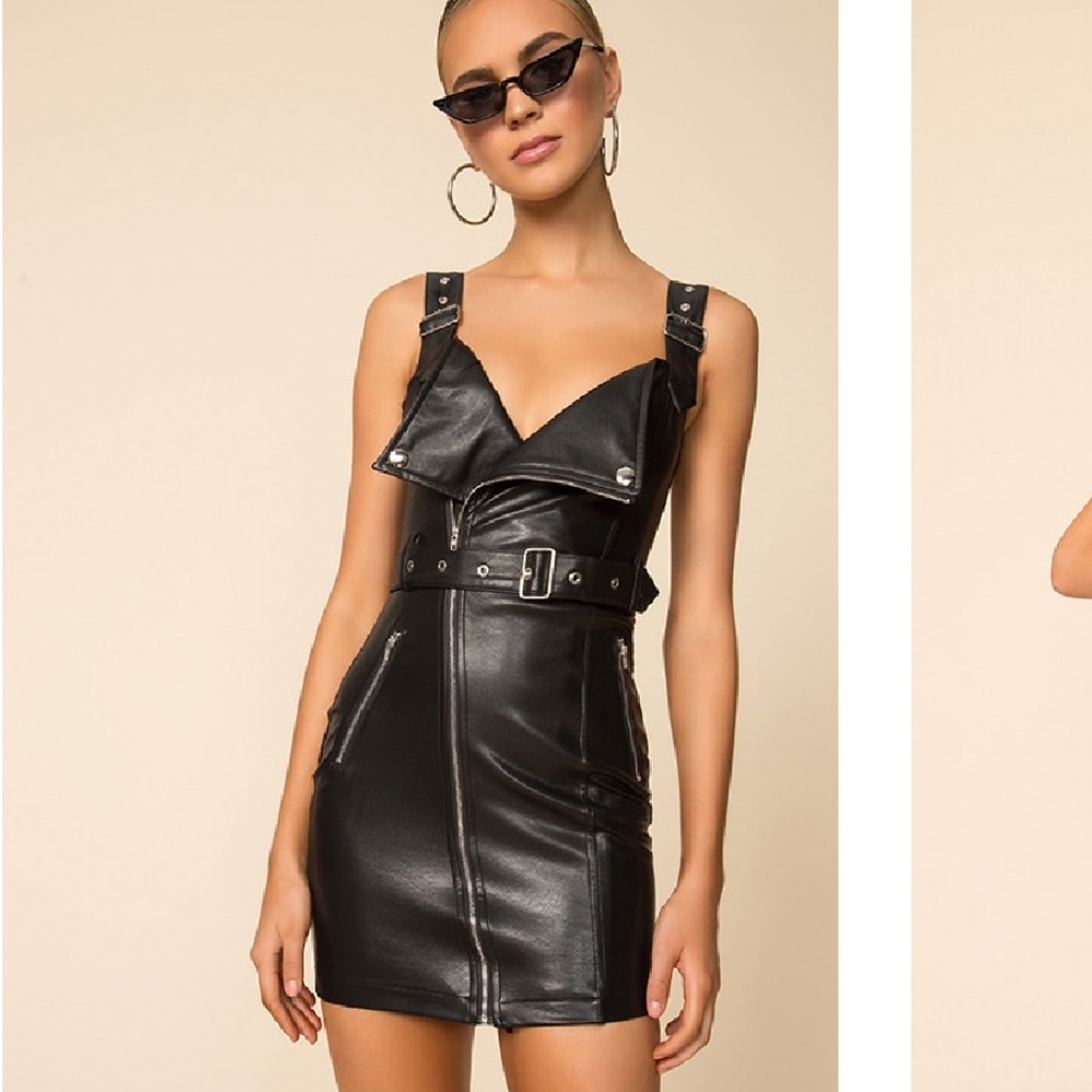 Faux Leather Black Belted Mini Dress